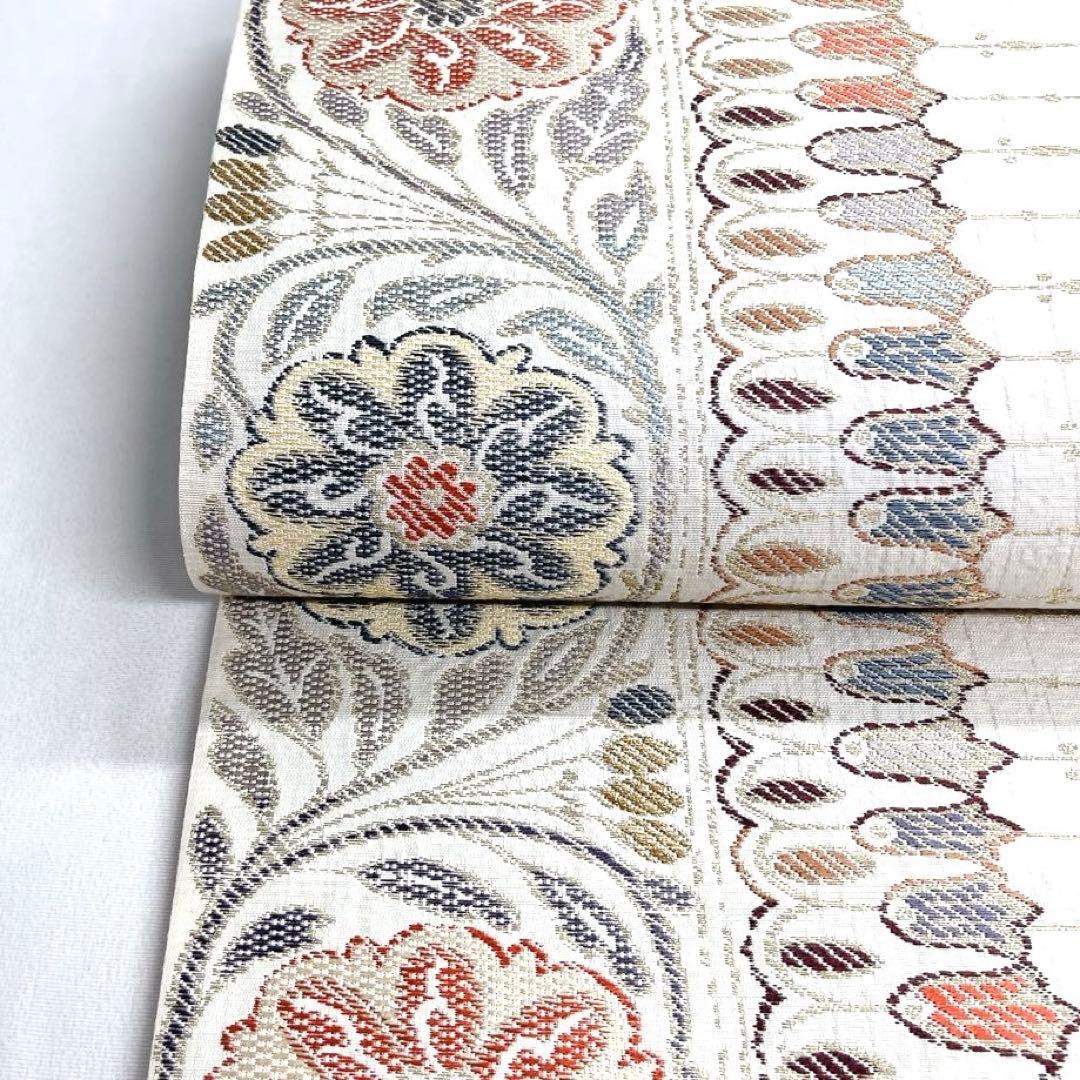 未着用　袋帯　金糸　銀糸　横縞　唐草　花　しるくろおど文布　着物　帯　041k