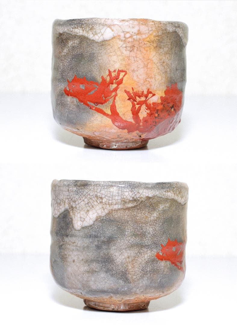 四代 清水六兵衛(1848-1920) 赤楽 紅葉漆絵 筒茶碗