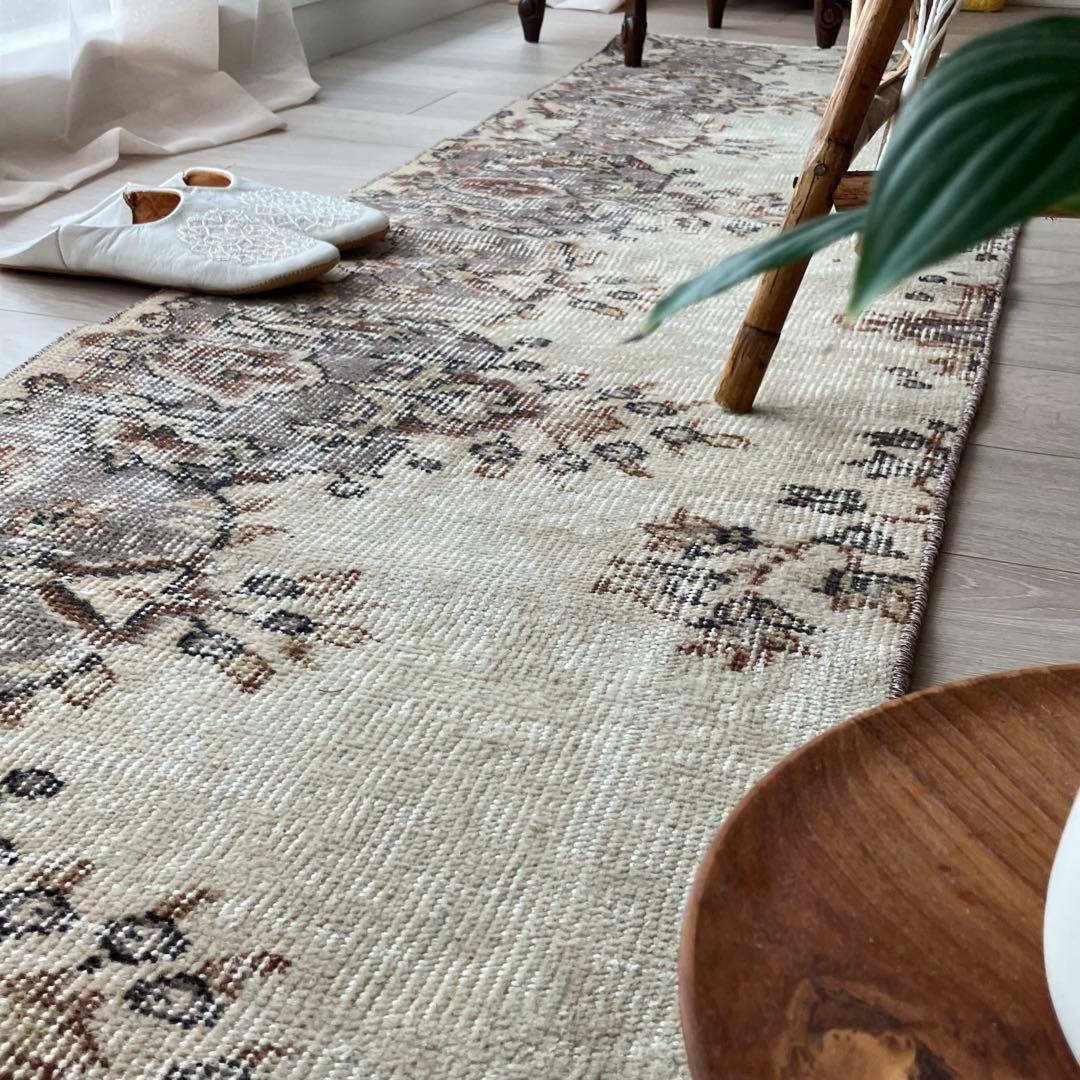 カフェオレベージュ54×220ブラウン　超ロングランナー　トルコヴィンテージラグ