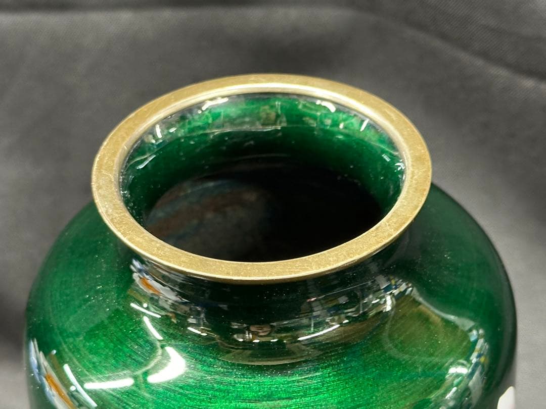 【USED】安藤　七宝　七宝焼　花瓶　壺　花　花柄　緑　グリーン