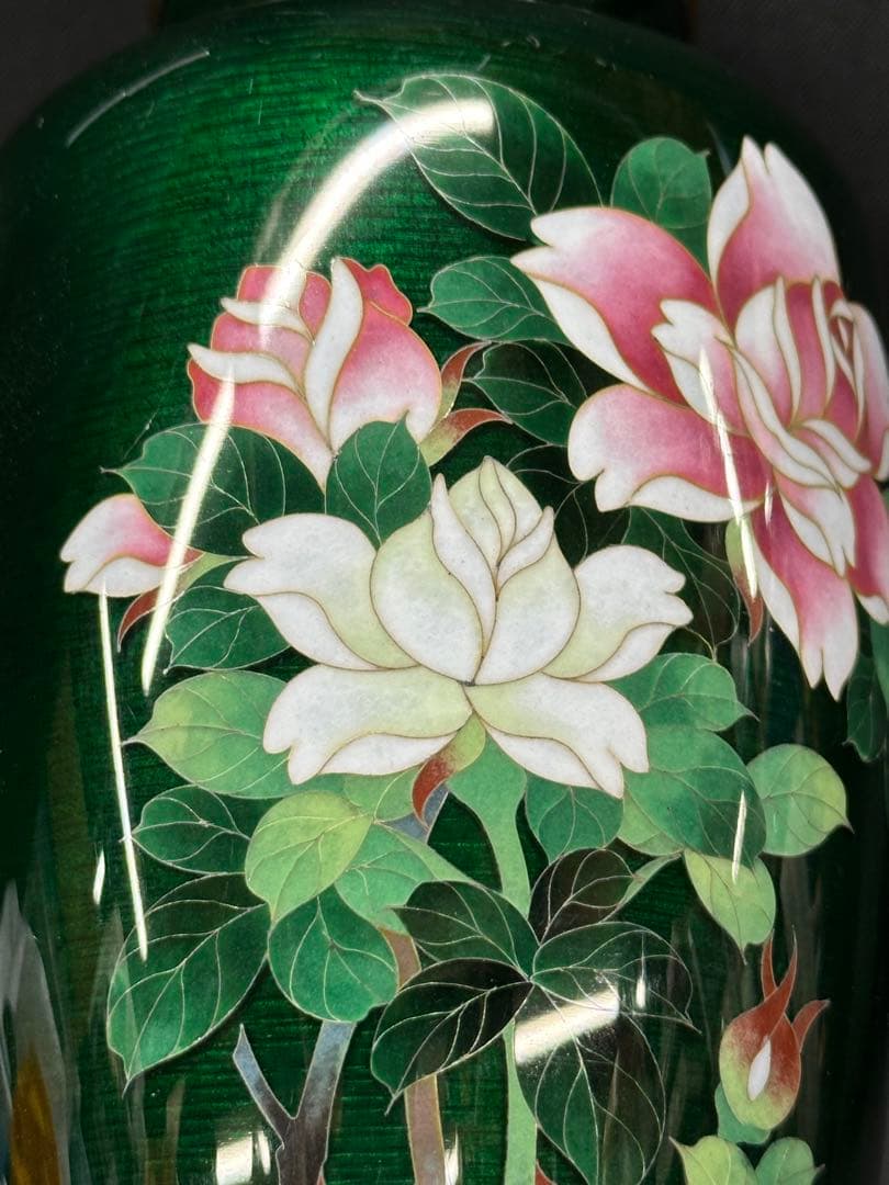 【USED】安藤　七宝　七宝焼　花瓶　壺　花　花柄　緑　グリーン