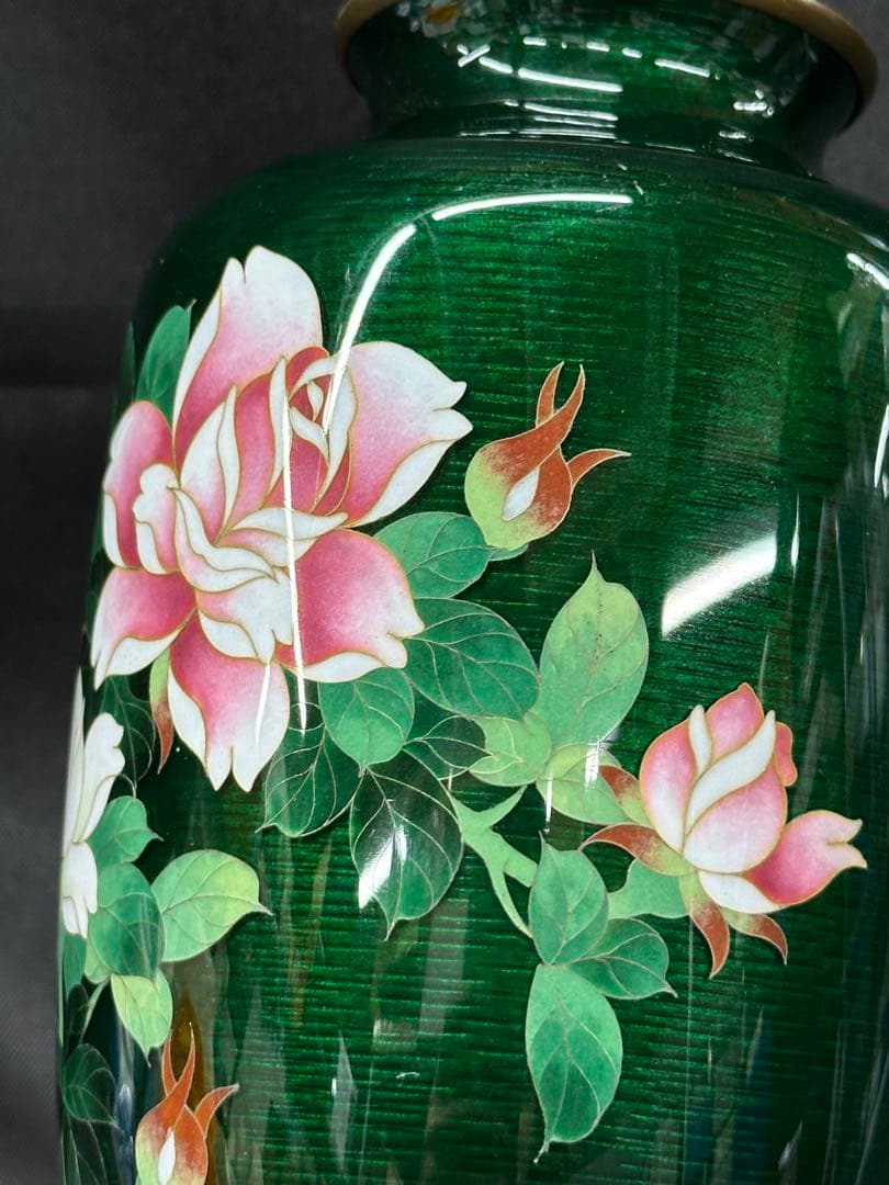 【USED】安藤　七宝　七宝焼　花瓶　壺　花　花柄　緑　グリーン