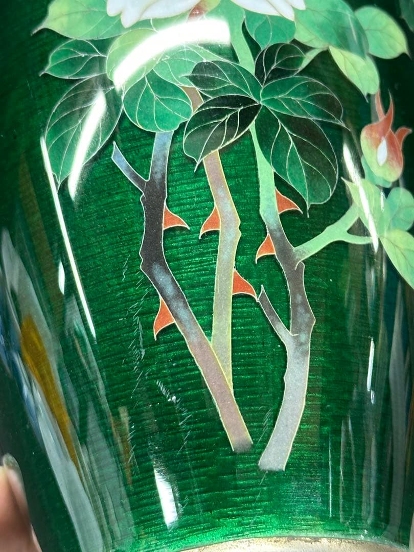 【USED】安藤　七宝　七宝焼　花瓶　壺　花　花柄　緑　グリーン