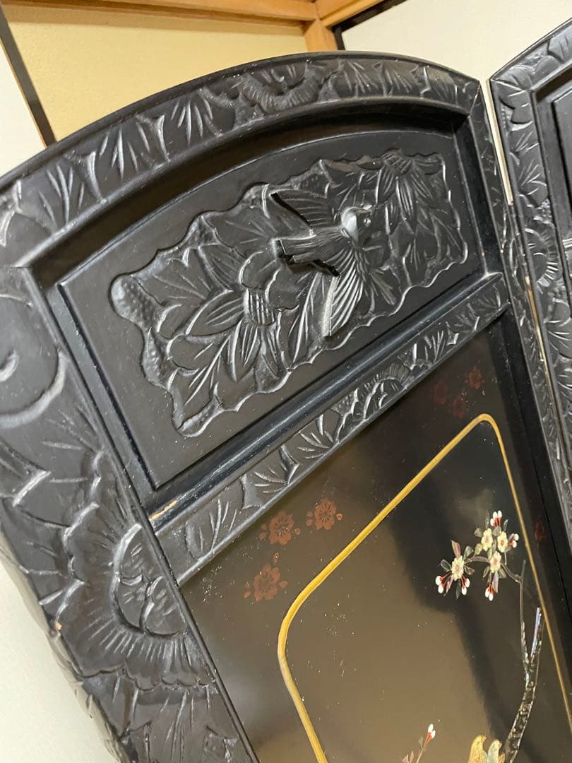 螺鈿細工 四曲屏風 大型 木製 アンティーク 和家具 インテリア