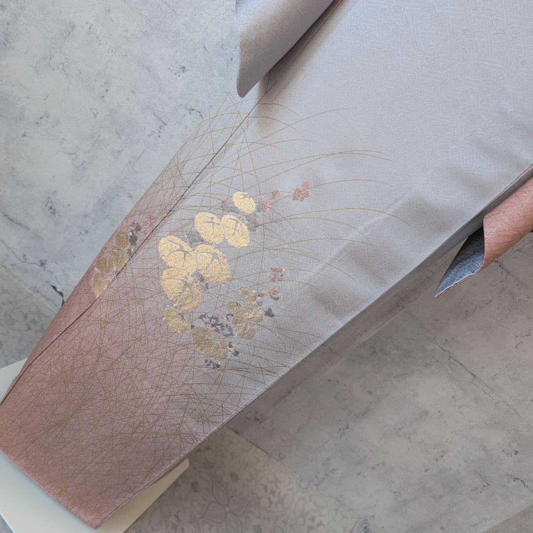 訪問着　フルセット　付け下げ　着物　正絹　シルバーグレー　金　花　O5