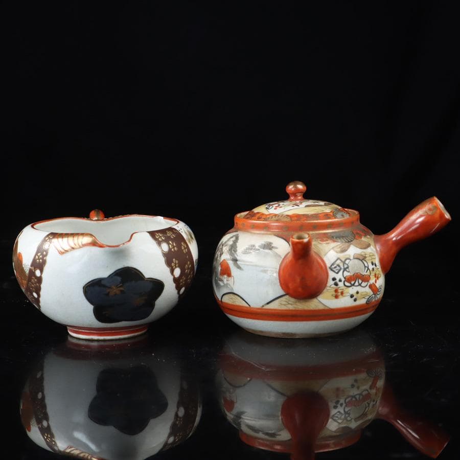 Y3337-1 九谷焼 金彩赤絵 煎茶碗揃 急須・湯冷まし・煎茶碗 共箱　　よ