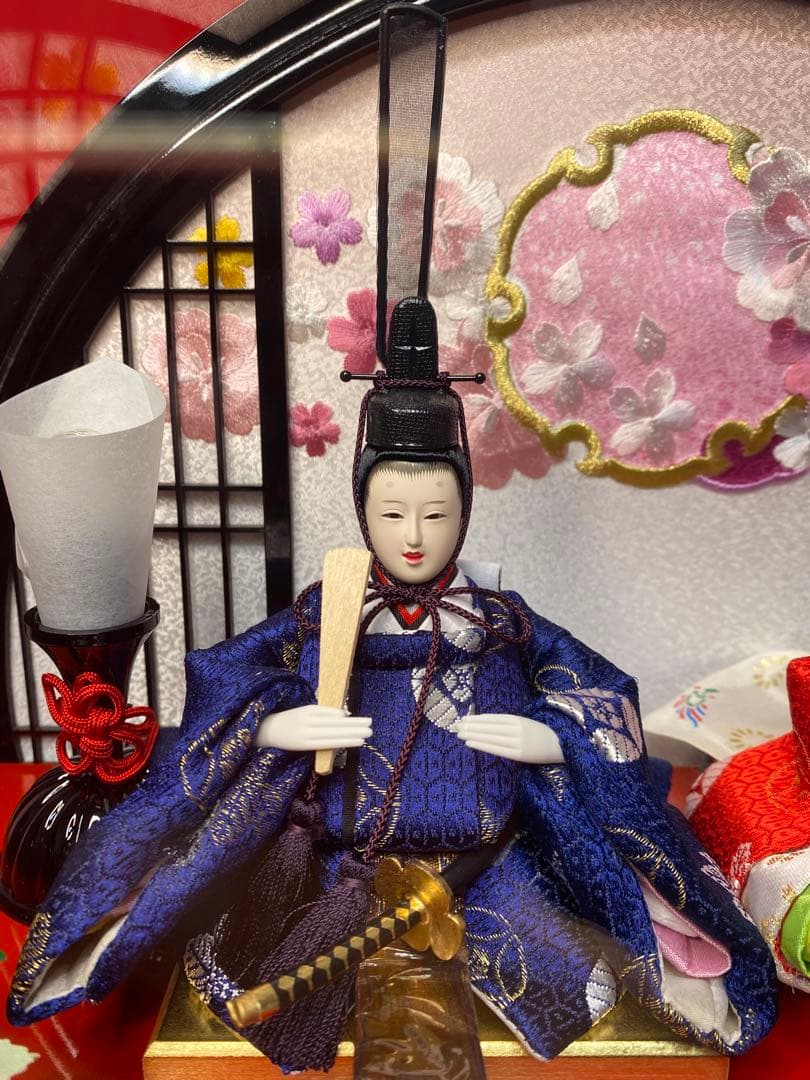 雛人形　五人飾り円型アクリルケース入・間口約４４×奥約２３×高約４５㎝