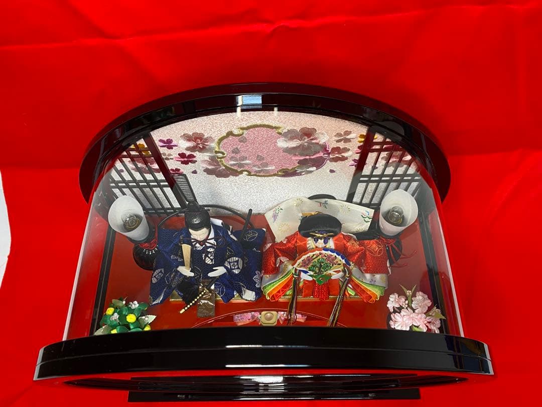 雛人形　五人飾り円型アクリルケース入・間口約４４×奥約２３×高約４５㎝