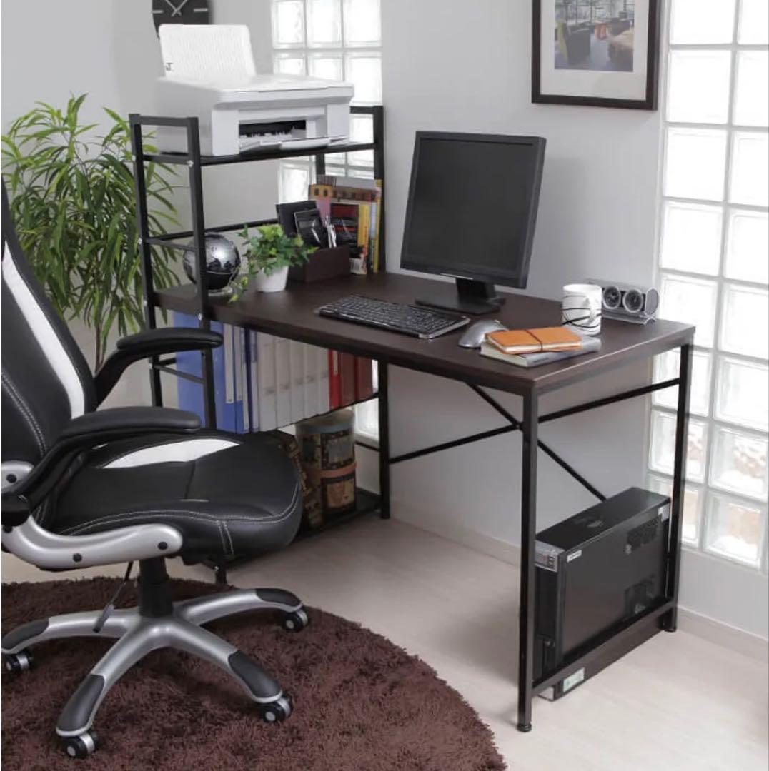 [幅120.5] パソコンデスク 木目調天板 収納ラック一体型