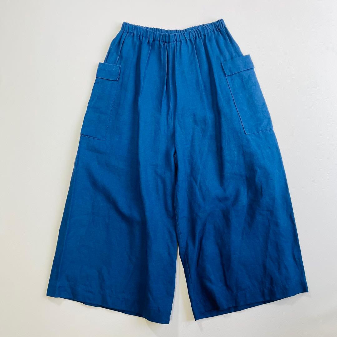 6105 中川政七商店　リネンガウチョパンツ　麻100% サイドポケット　ブルー