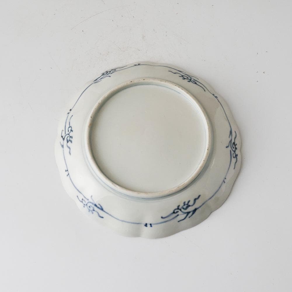 幕末明治 古伊万里 色絵 柿右衛門様式 染錦手花蝶図 輪花皿 柴束文飾皿 有田焼