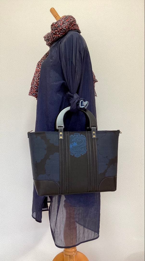 訳アリ 大島紬×本革 着物リメイク トートバッグ ハンドメイド 和装バッグ 雪輪