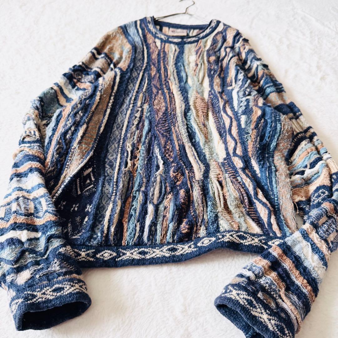 5568 希少✨ クージー 3Dニット セーター ブルー系 立体 リネン L