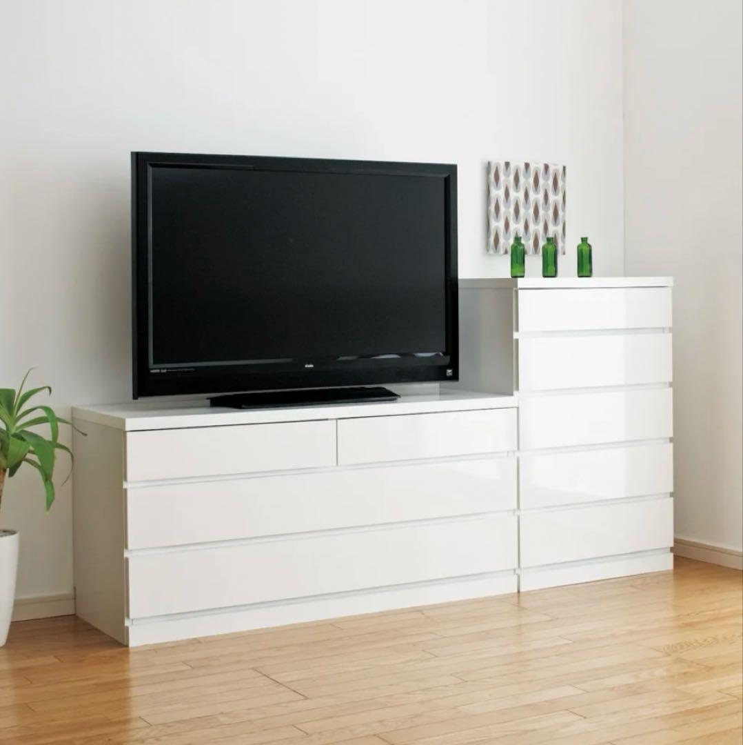 【日本製】ディノス 前面光沢＆引き出し内部化粧チェスト ホワイト　4段