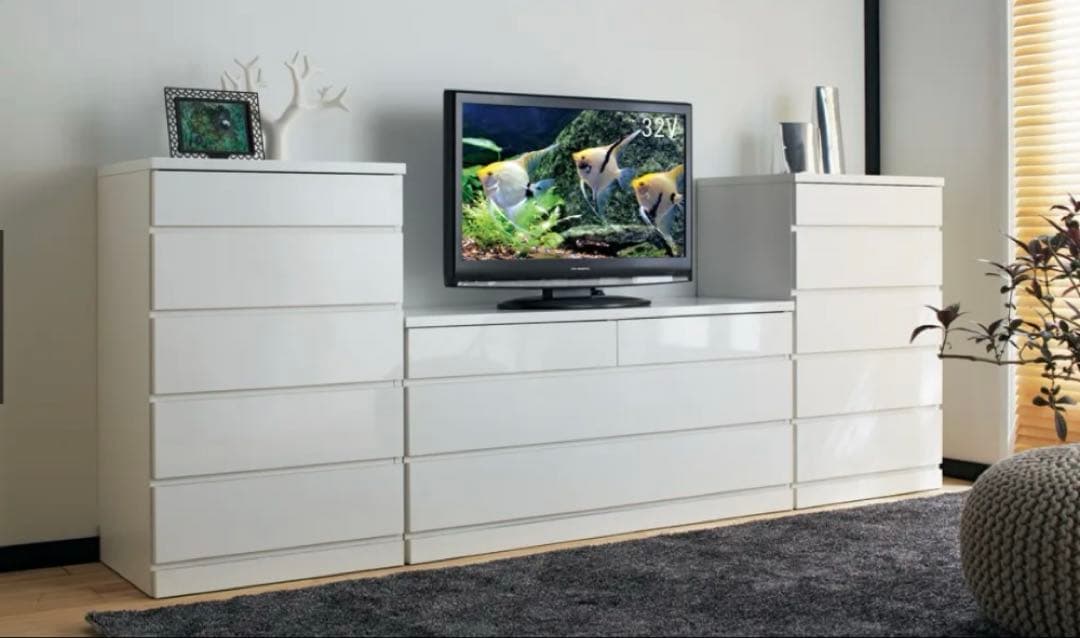 【日本製】ディノス 前面光沢＆引き出し内部化粧チェスト ホワイト　4段