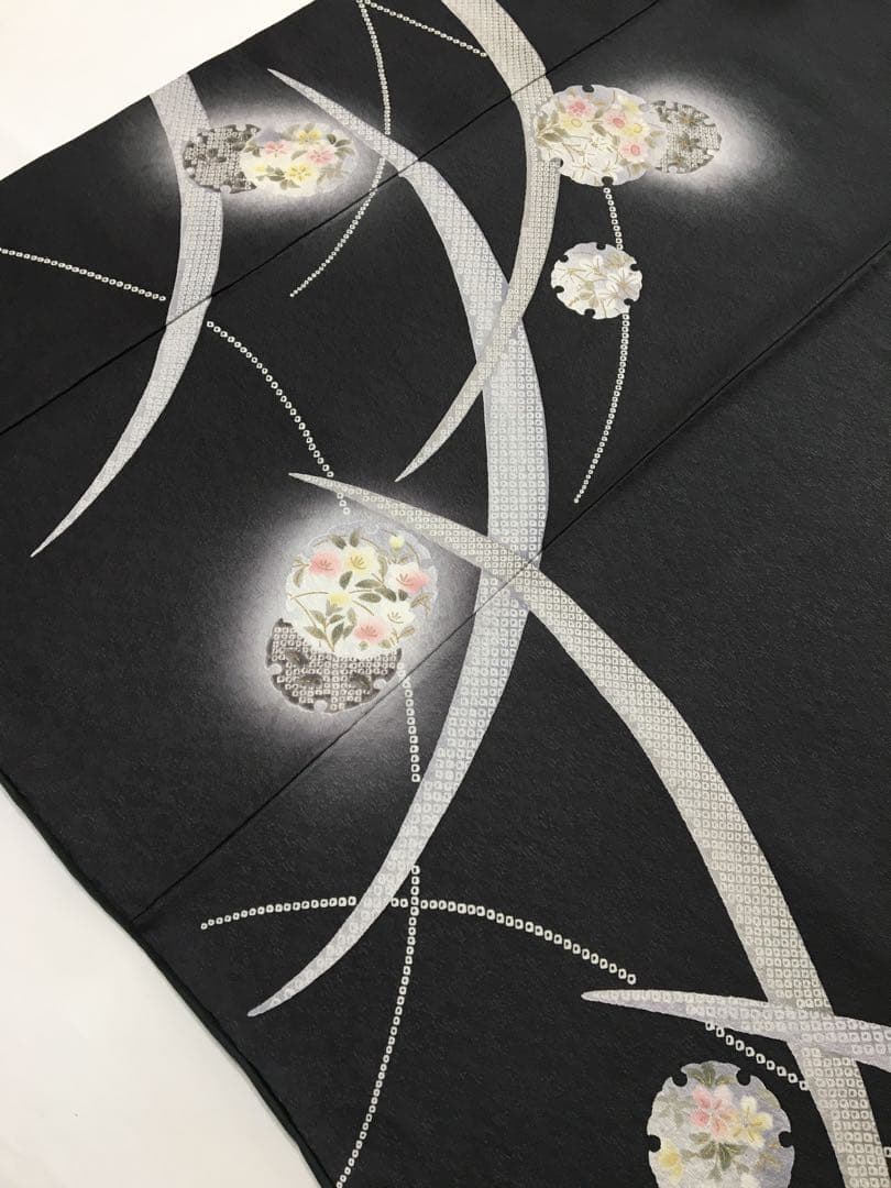 都会的　ドレッシーな【訪問着】正絹　友禅　墨色　裄長め