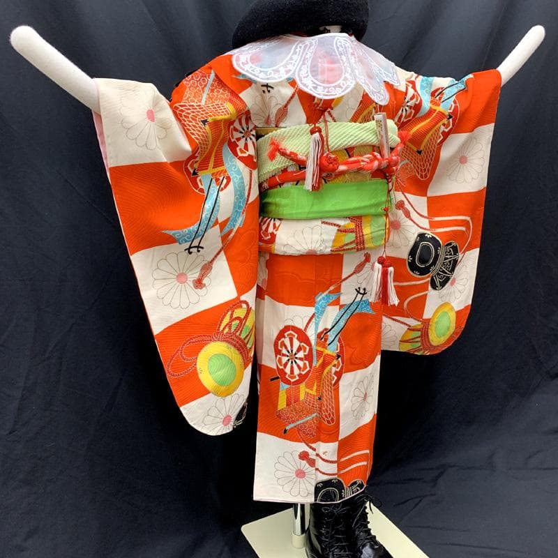 501ag39□七五三 七歳 セミアンティーク風 女児 着物&袋帯 菊 御所車□