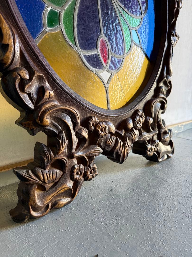 引取り限定 フレーム付き ステンドグラス オブジェ 窓枠