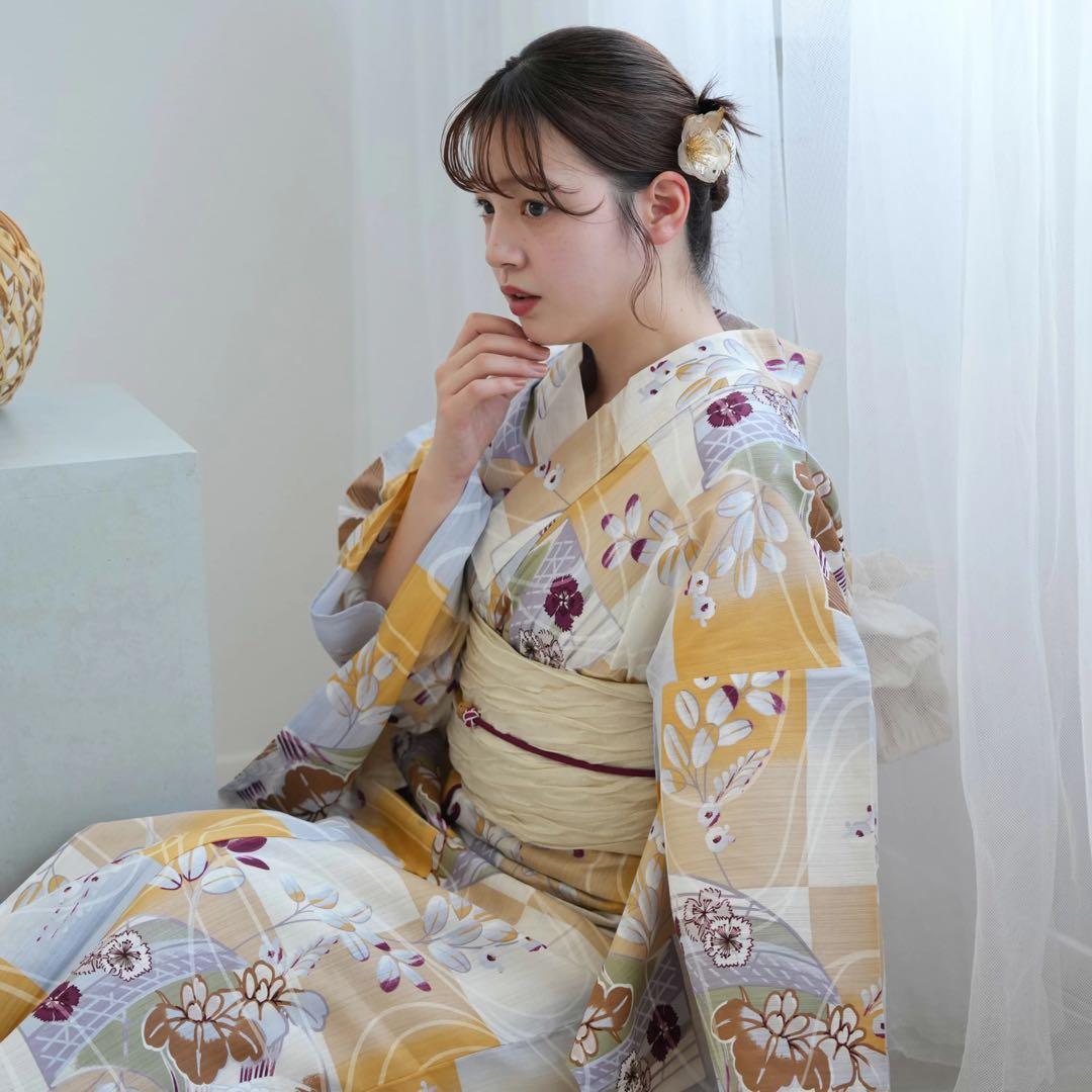 ★新品 3L4L5L 浴衣2点セット utatane からし市松に菖蒲 萩 撫子