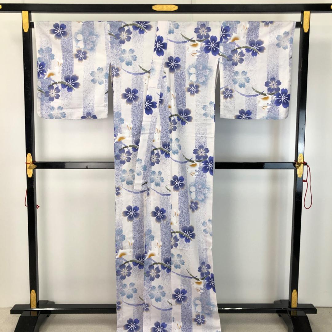 夏着物 浴衣 綿紅梅 兎に雪芝 桜の花 白色 トールサイズ K-5139