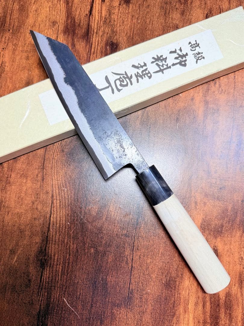 堺白鶴作　文化　包丁　黒打 青鋼　6寸　水牛角柄