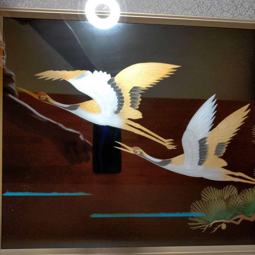 値下げ交渉可　大門玉山作　うるし額　越前塗り　鶴