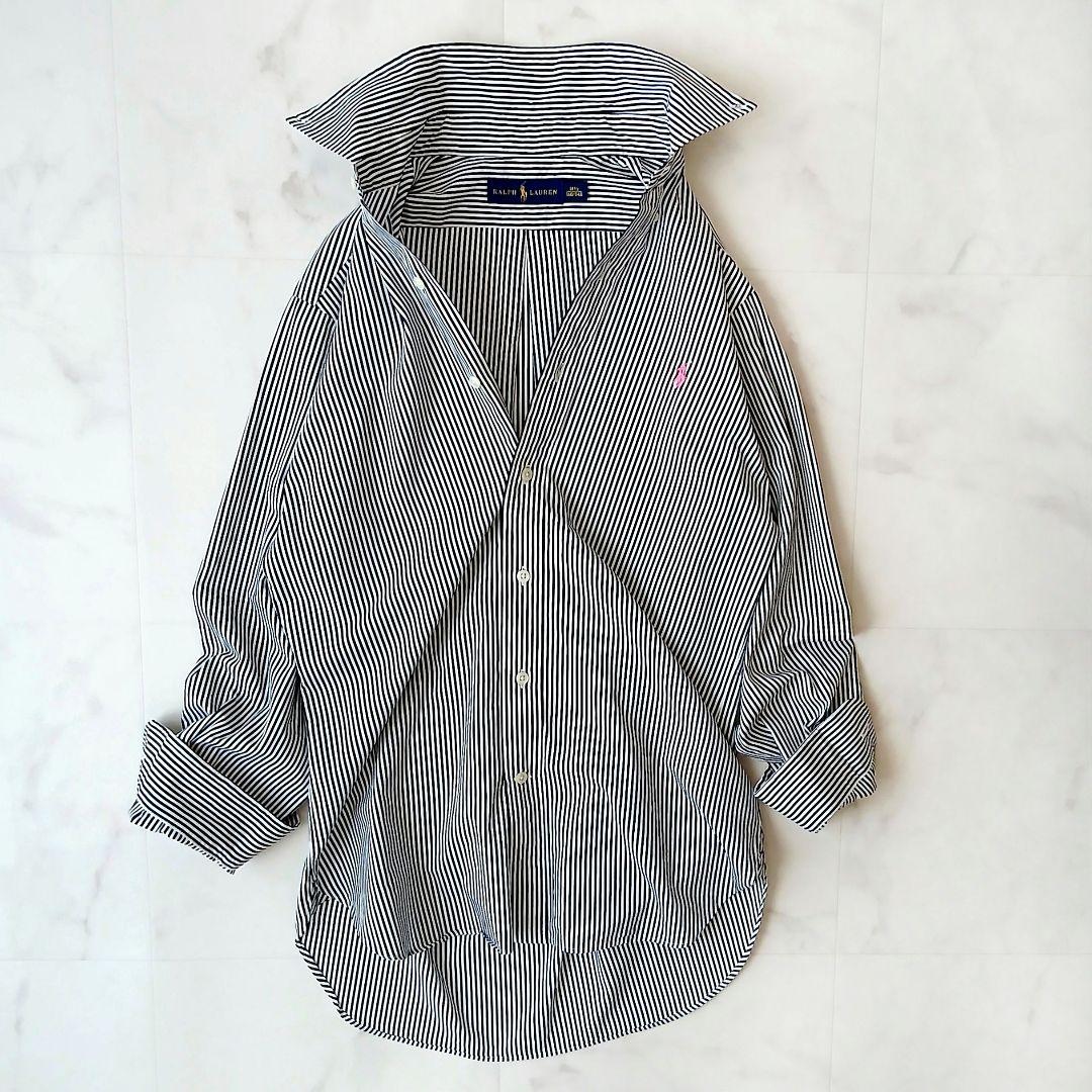 美品 ラルフローレン 上質 コットン 洗える ストライプ ボタンダウンシャツ 黒