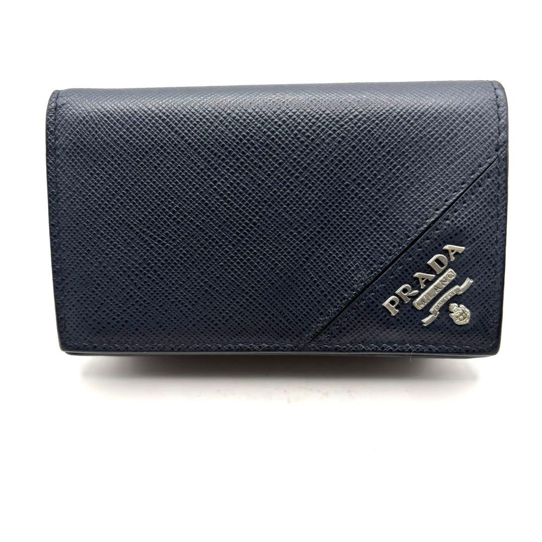 プラダ カードケース 名刺入れ シルバーロゴ サフィアーノ レザー ネイビー