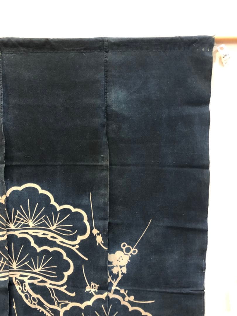 藍染筒描き三巾加賀のれん時代物木綿古布　ソ-360