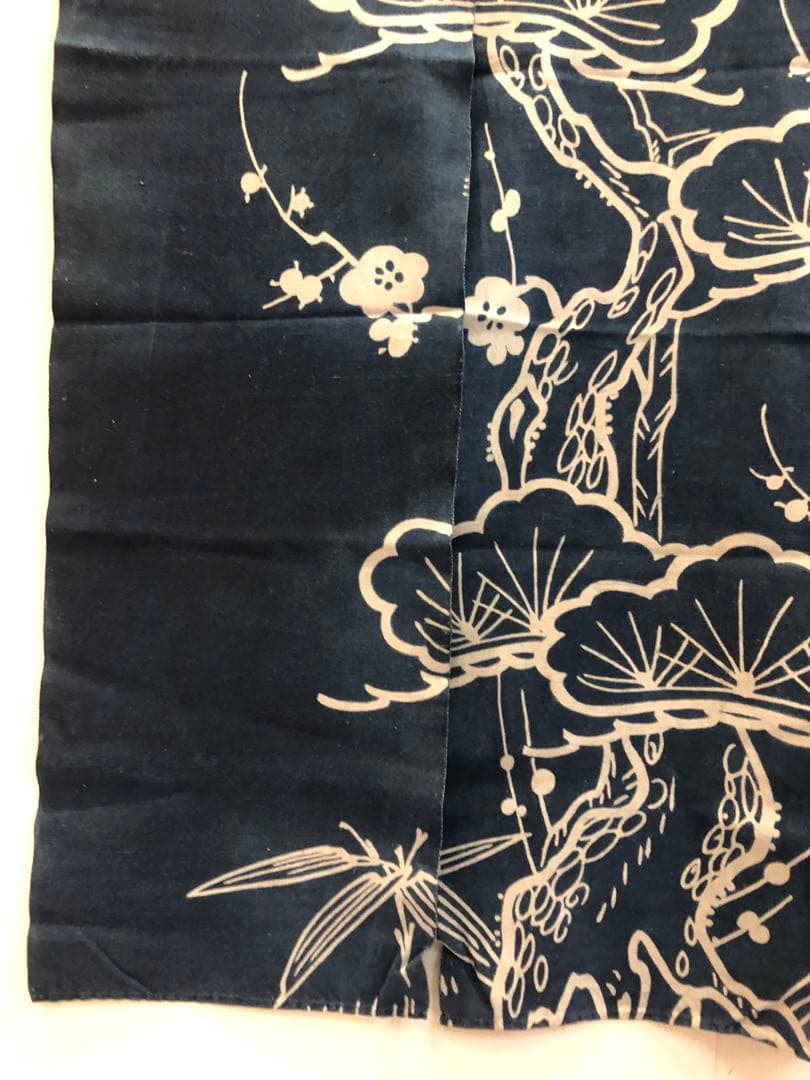藍染筒描き三巾加賀のれん時代物木綿古布　ソ-360