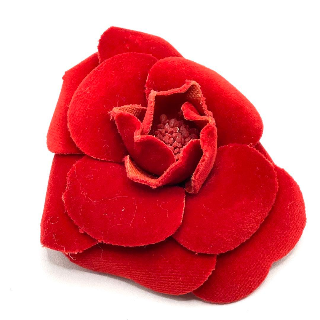 CHANEL シャネル カメリア コサージュ ピンブローチ ベロア レッド