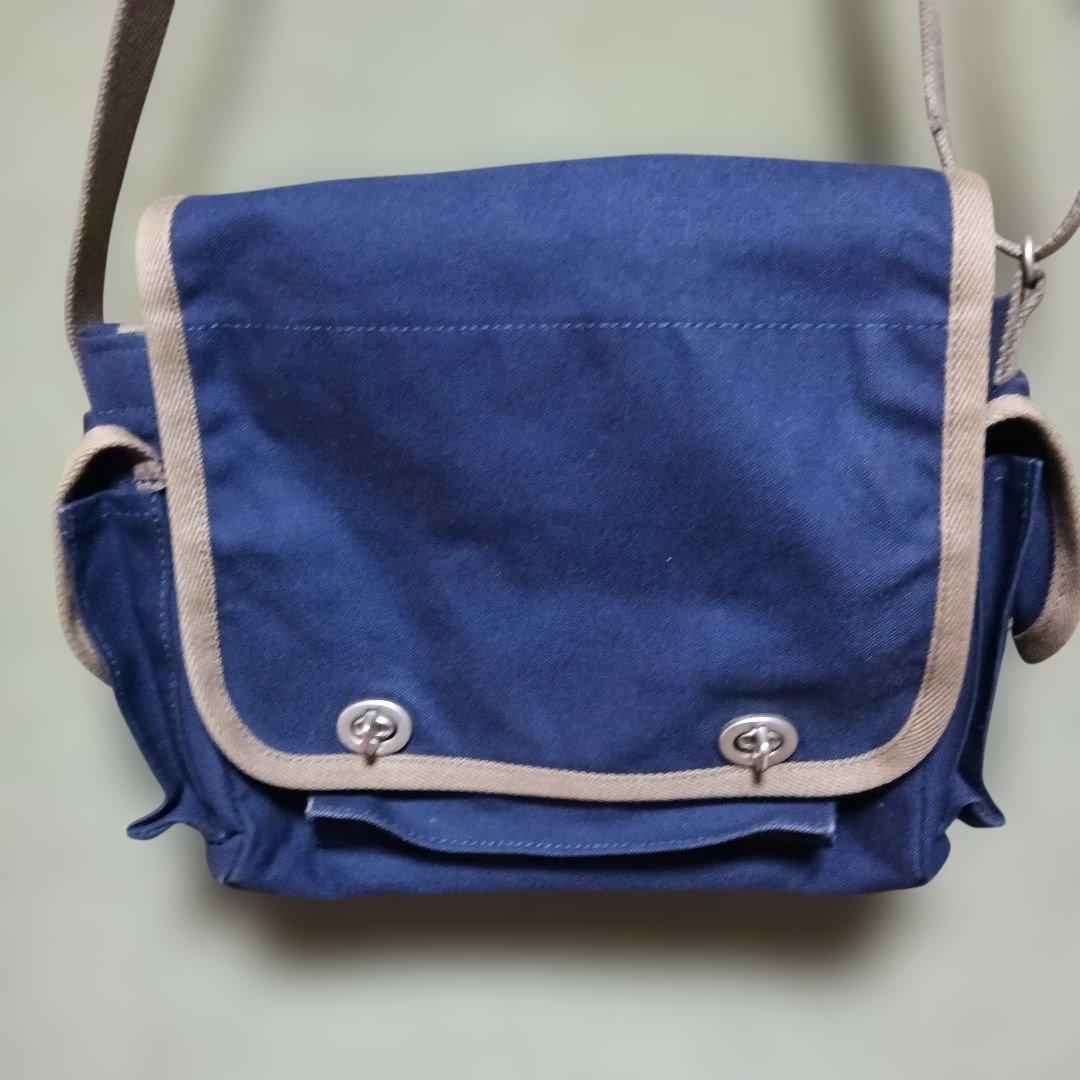 一澤信三郎帆布 ショルダーバッグ S-18小 紺 × グレー ターンロック