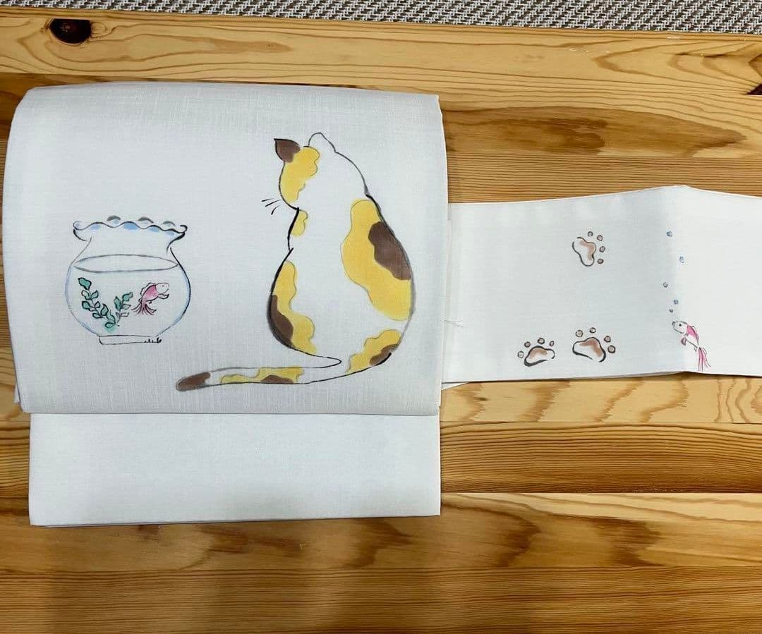 軽装帯　手描き　猫　金魚 ポリエステル