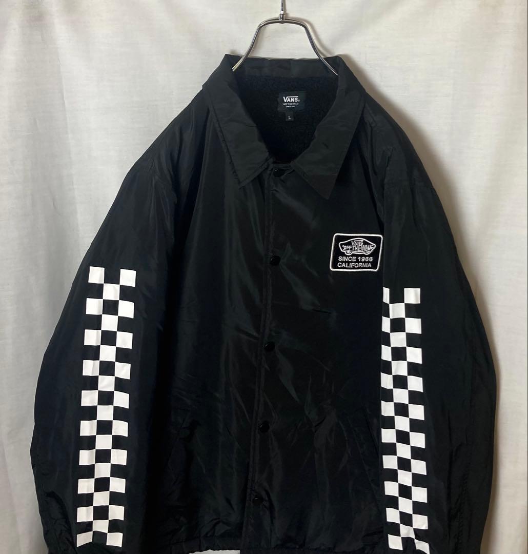 VANSチェッカーフラッグ×裏ボア×中綿ブラックナイロンコーチジャケットゆったり