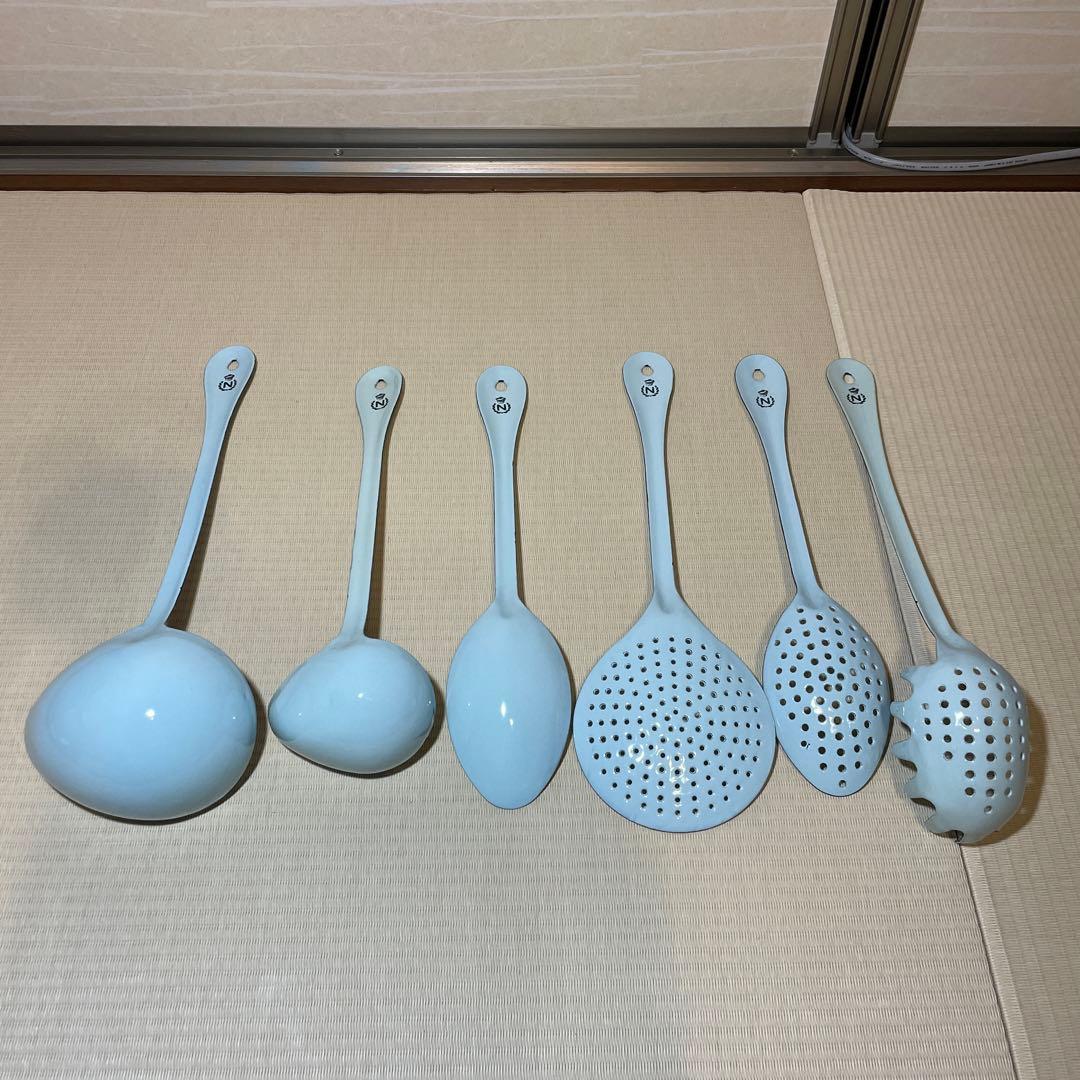 ほうろう 琺瑯 エナメルコーティング レードル、スプーン、パスタサーバー セット