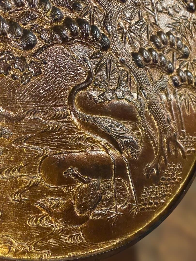 希少 特大 和鏡 銅鏡 鏡師 野田和泉守 藤原金益 松竹梅 鶴亀 骨董 柄鏡