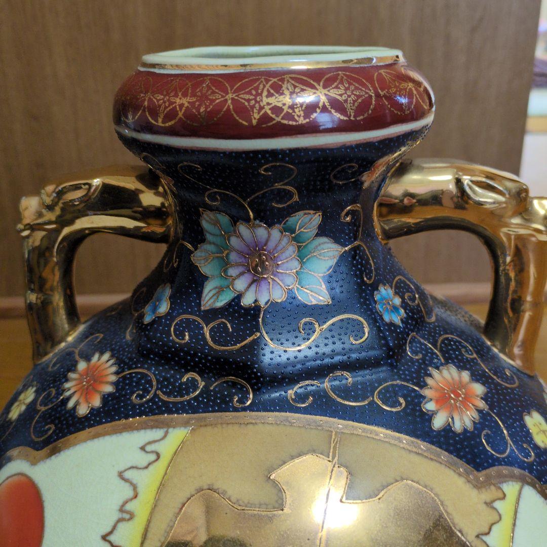 色絵金彩 人物文 双耳壺 花瓶 飾壺 九谷焼風 古美術 骨董