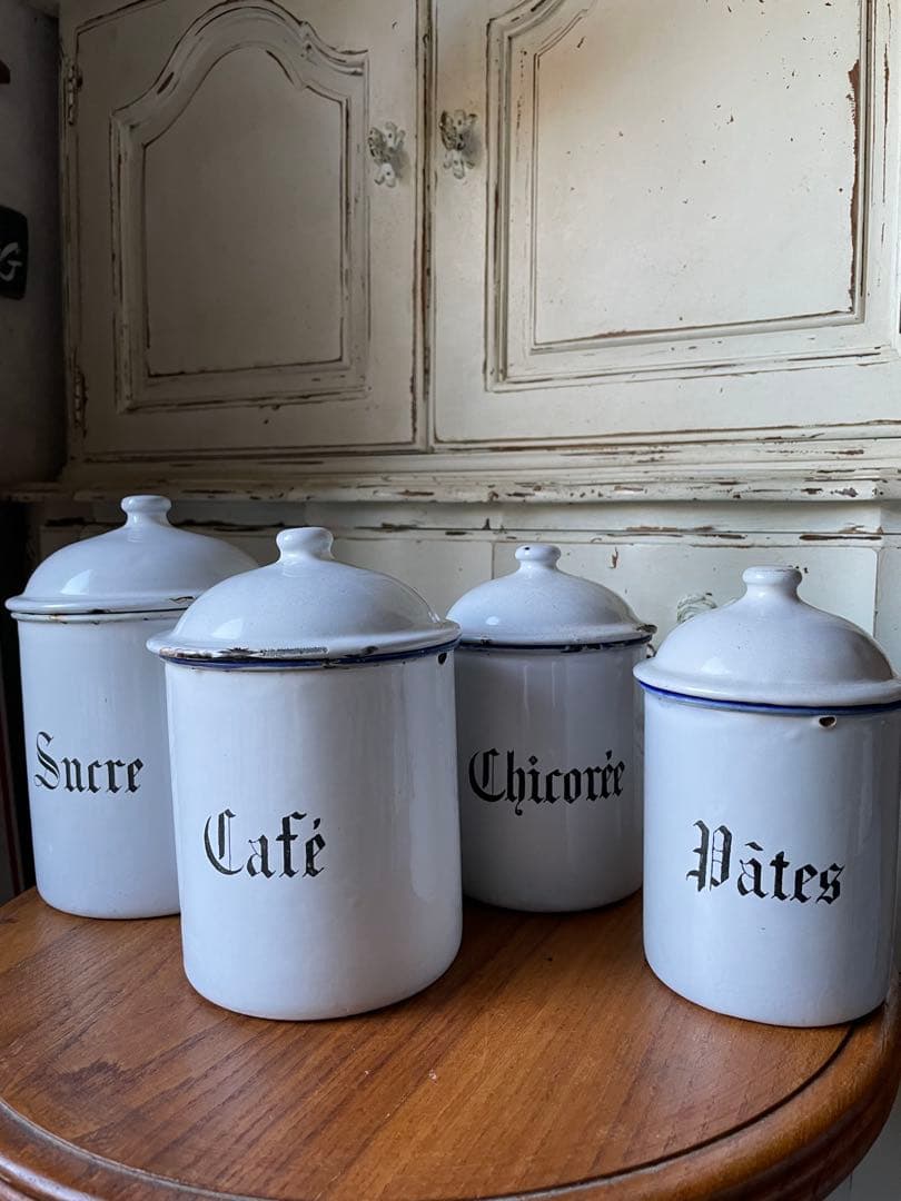 リー様専門　アンティーク　ホーロー　キャニスター　4個　ホワイト　美しい文字　白