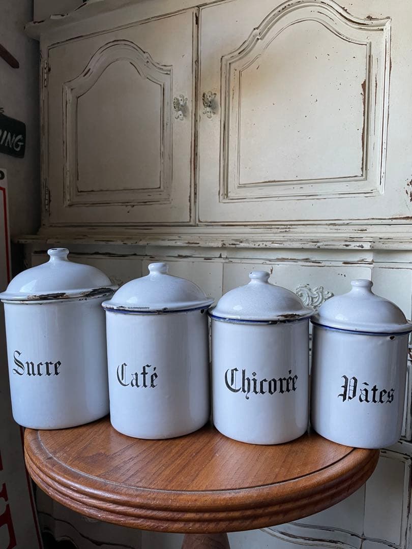 リー様専門　アンティーク　ホーロー　キャニスター　4個　ホワイト　美しい文字　白