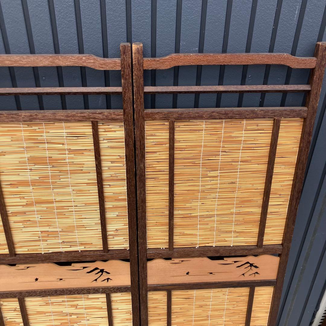 昭和レトロ 和モダン 装飾彫り 木製 4連パーテーション 間仕切り 衝立 屏風