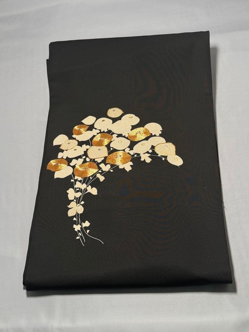 [美品] 塩瀬　名古屋帯　正絹　お太鼓柄　黒　箔　光琳菊　洒落帯　小紋　紬　無地