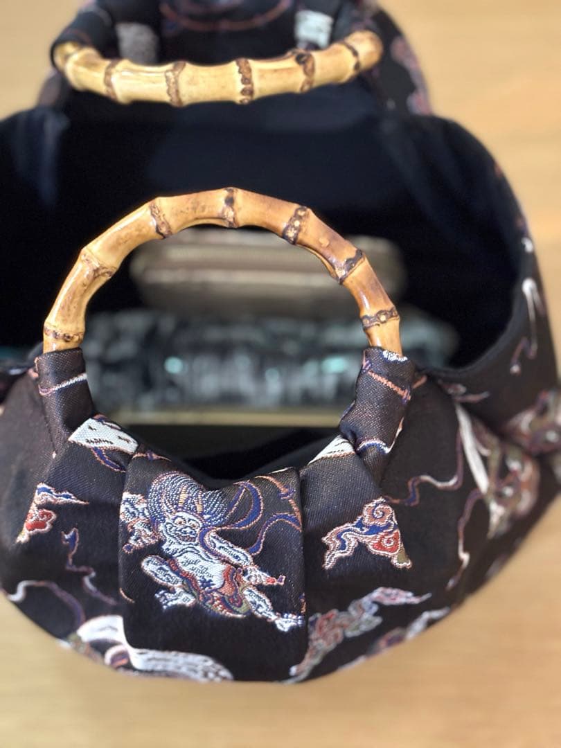 京都西陣織金蘭生地　風神雷神（黒）和装バック着物バック　入学卒業結婚式七五三振袖