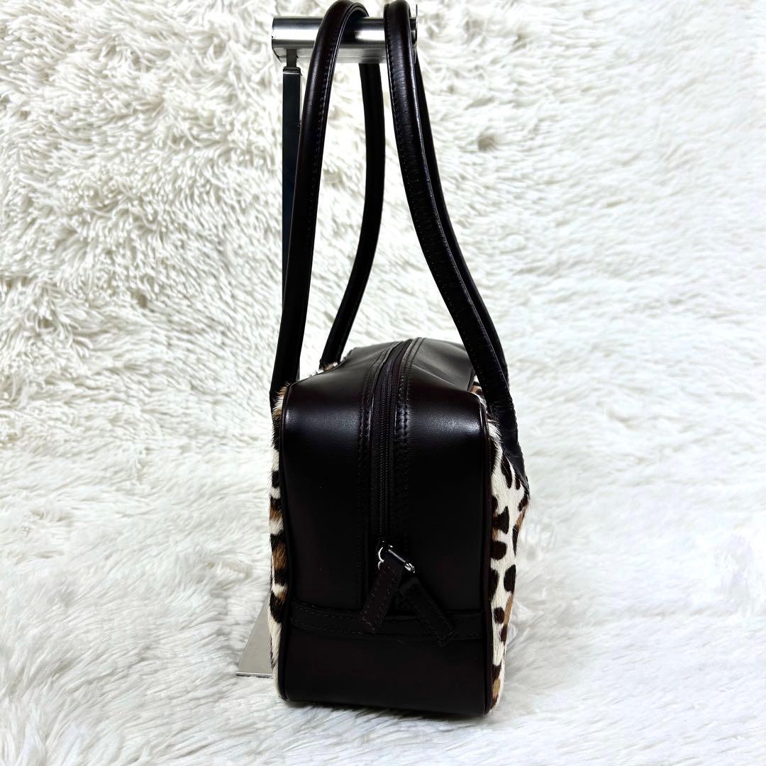 美品✨ 濱野皮革工藝 ハラコ レザー ハンドバッグ レオパード 皇室御用達 茶