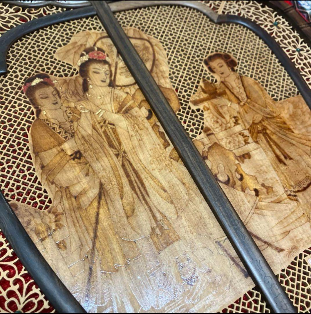 中国美術 唐木造 白檀透彫刻 翡翠 軍配型硯屏 唐団扇　唐物　伝統工芸