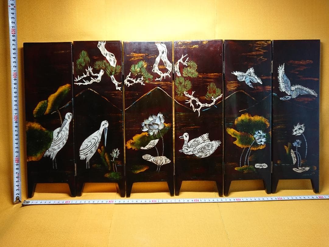 屏風　螺鈿細工　山水花鳥画　漆塗　置物　インテリア　工芸品　美術品　A2866