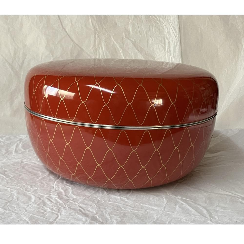 F1418 岡本陽斎 金網目蒔絵 朱喰篭 共箱 菓子器 蓋物 喰籠 食籠 茶道具