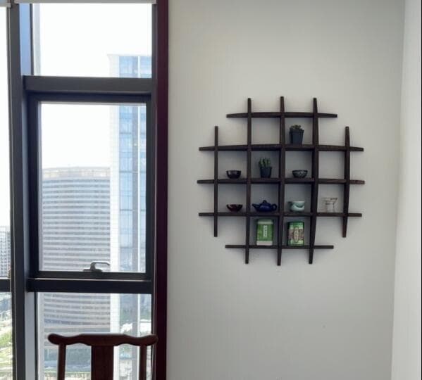 円形木製シェルフ ダークブラウン 茶碗ラック 茶器展示棚