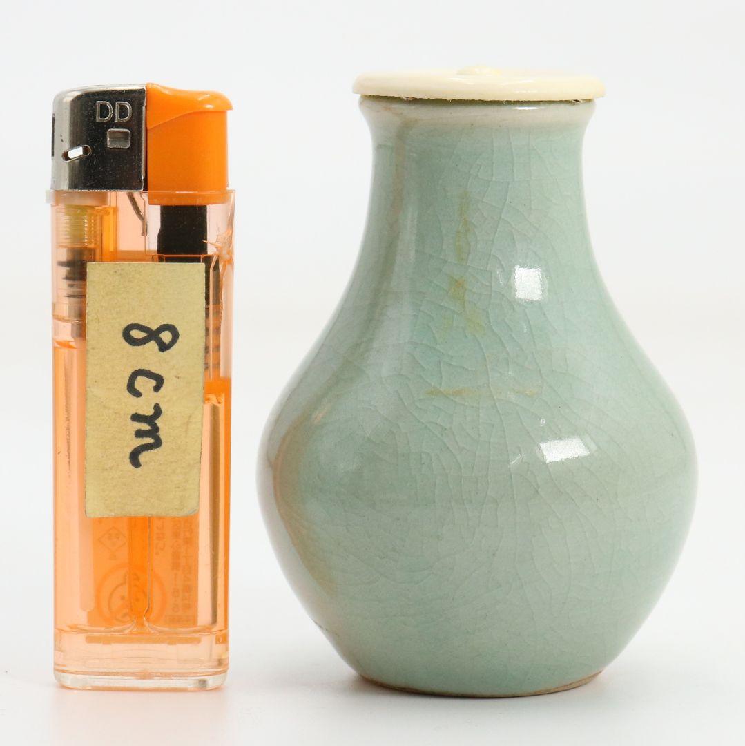 韓国人間文化財 池順鐸作 青磁鶴首茶入 浪の紋緞子仕覆付 茶道具　V903　N9