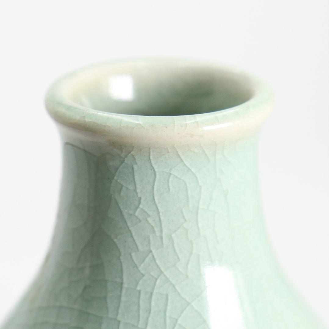 韓国人間文化財 池順鐸作 青磁鶴首茶入 浪の紋緞子仕覆付 茶道具　V903　N9