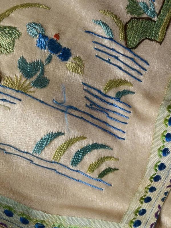 【珍】　★ 亭台人物図繍片 ★　民国時期　刺繍 山水紋 仕女紋　民間織繍